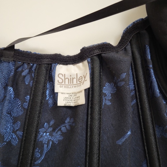 Vintage lace up corset black trim navy ruffle satin bustier top appliqué straps - Picture 6 of 9